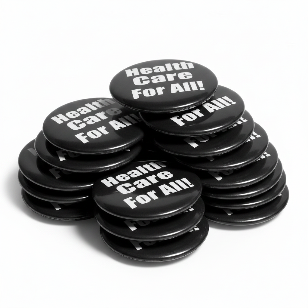 Stack of black pinback buttons with "Health Care For All!" text