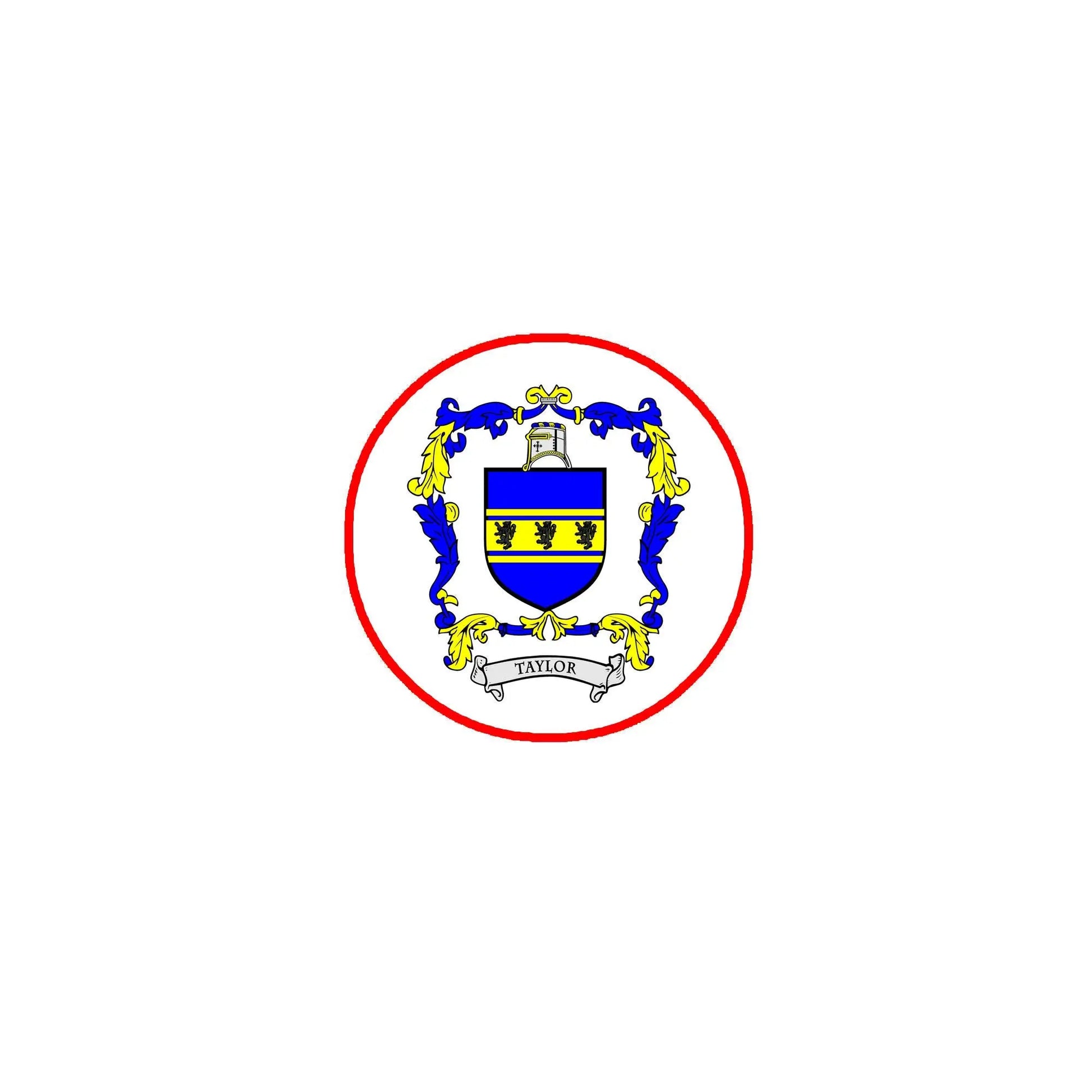 Round pinback badge with blue and gold family crest, red border, TAYLOR text
