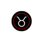 Taurus zodiac pinback button, round black with red ring and white Taurus symbol