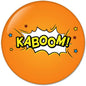 Orange comic style pinback button with KABOOM! text and star accents