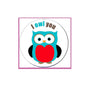 Blue owl pinback button with teal body, red belly, and round design