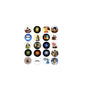 Set of round pinback character badges with colorful illustrated faces and symbols