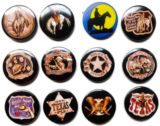 The Bigger Vivider 1.75" Lot 12 Awesome Pin Button brooch badge COWBOY TEXAS logo
