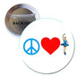 Peace Love ballet pinback button brooch with blue peace sign, red heart, ballerina