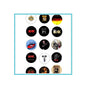 Set of 9 round AC/DC pinback badges in a tray