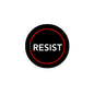 RESIST button pin, black circle with red outline and white lettering