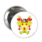 Round enamel-style crest pinback badge with silver border and shield design