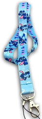 Bird-themed blue lanyard with spring hook, phone string strap, and clip