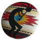 2.25-inch Kokopelli pinback button with black figure and red, yellow, and blue geometric design