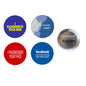 Set of four circular Facebook pinback buttons with text and back-side view