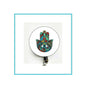 Felt hamsa symbol badge reel with colorful hand graphic and retractable clip
