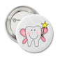 1.25-inch fairy tooth pinback button with cartoon tooth, pink ears, and yellow star wand