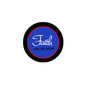 2.25-inch round pinback button with black rim and blue 'Faith Ask Me How' design