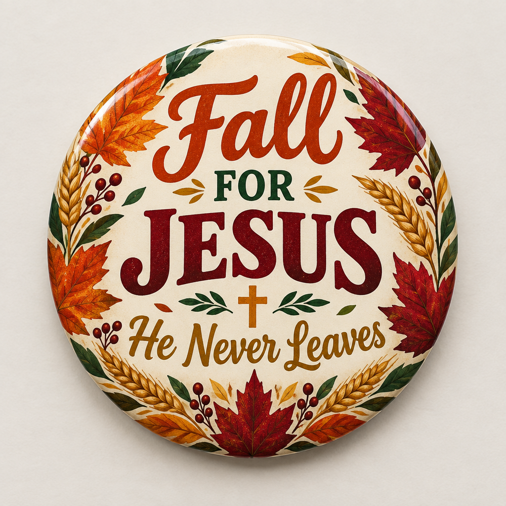 Fall for Jesus He Never Leaves Pin Button 2.25-inch