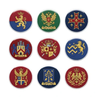 A 3x3 grid of round enamel-style badges or pins featuring different heraldic coats of arms in red, blue, green, gold, and white on a plain white background.