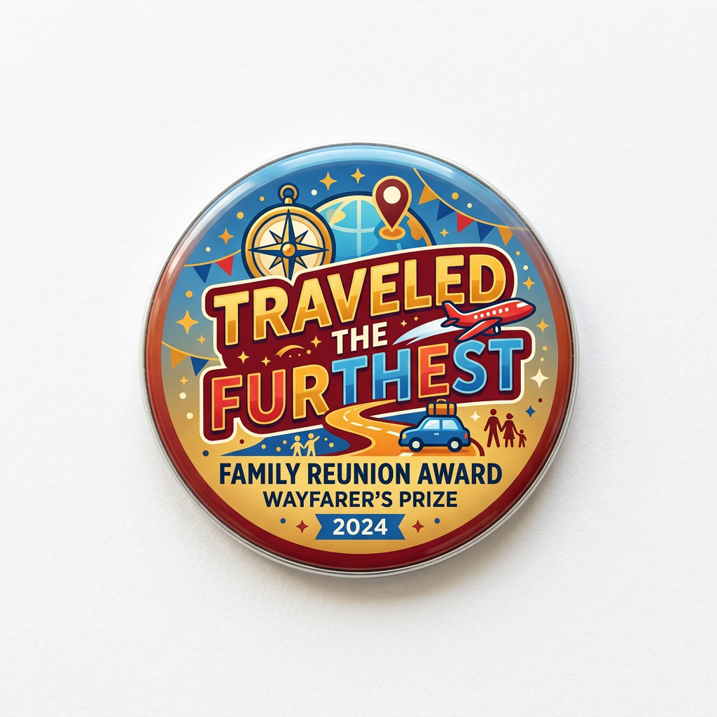 Family Reunion Award Traveled The Furthest Pin Button 2.25-inch