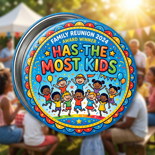 Family Reunion Award Has The Most Kids Children Pin Button 2.25-inch