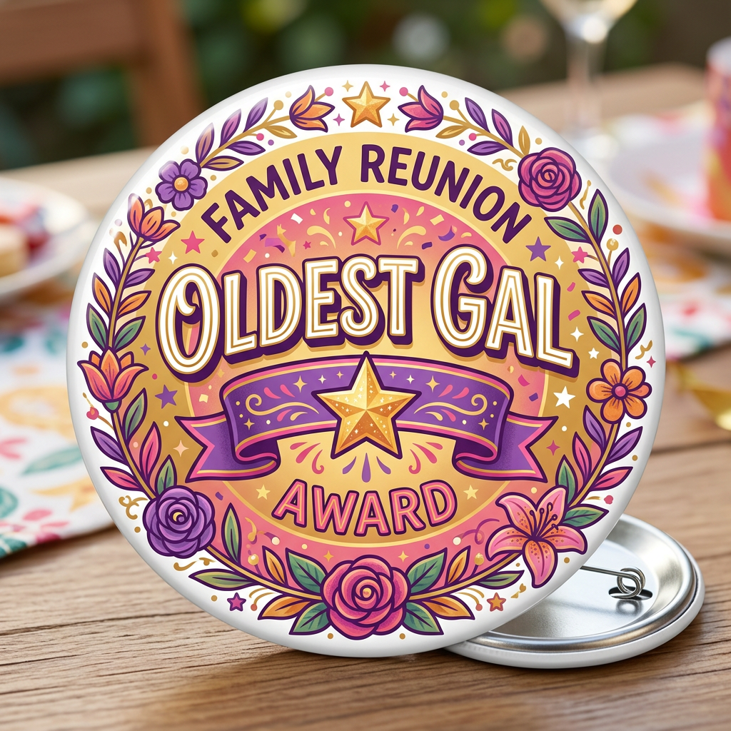 Family Reunion Award Oldest Gal Woman Pin Button 2.25-inch