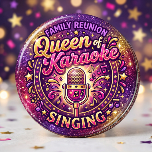 Family Reunion Queen of Karaoke Singing Pin Button 2.25-inch