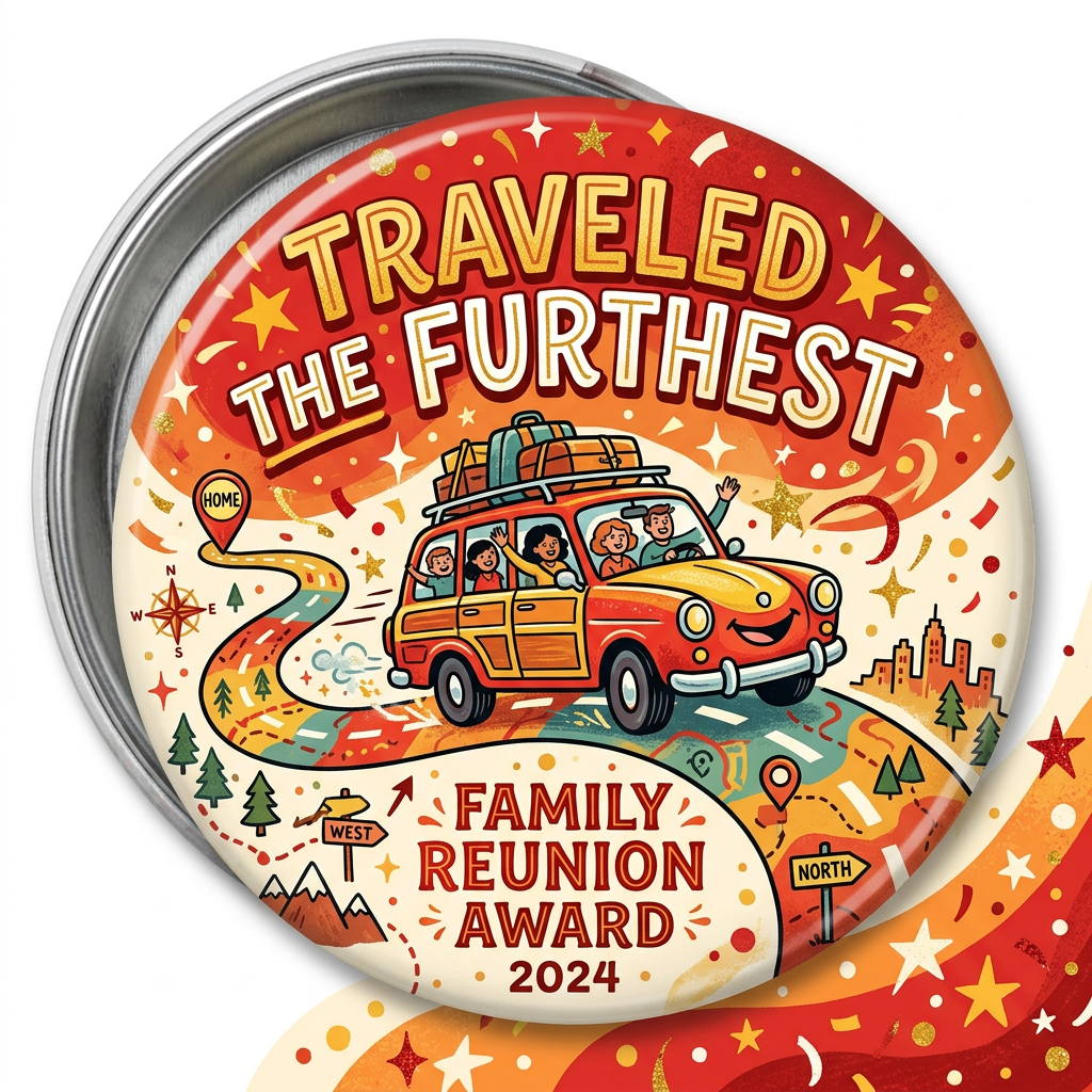 Family Reunion Award Traveled The Furthest Car Pin Button 2.25-inch
