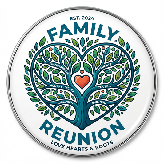 Family Tree Love Heart Family Reunion Blue Green Pin Button 2.25-inch
