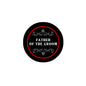 Black pinback button with red ring: FATHER OF THE GROOM and scrollwork