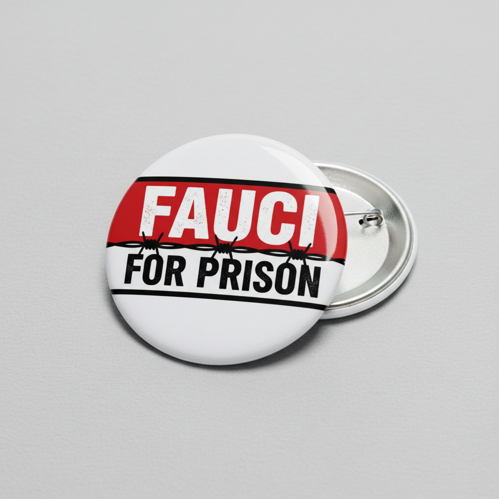 Round pinback button with FAUCI FOR PRISON text, red and black