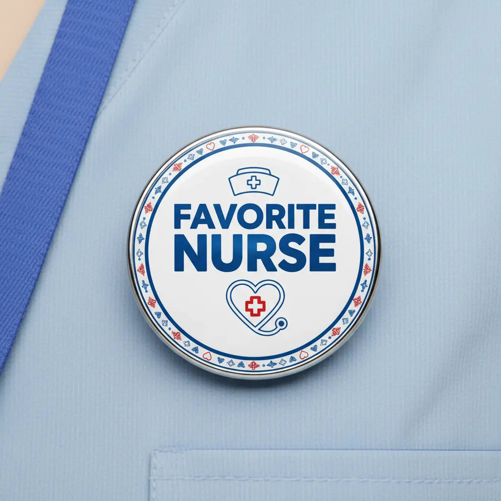 Round silver pinback button with Favorite Nurse text, stethoscope and red cross icon