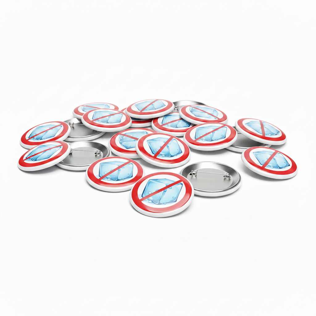 Set of small round silver badge pins, each with blue ice icon and red slash