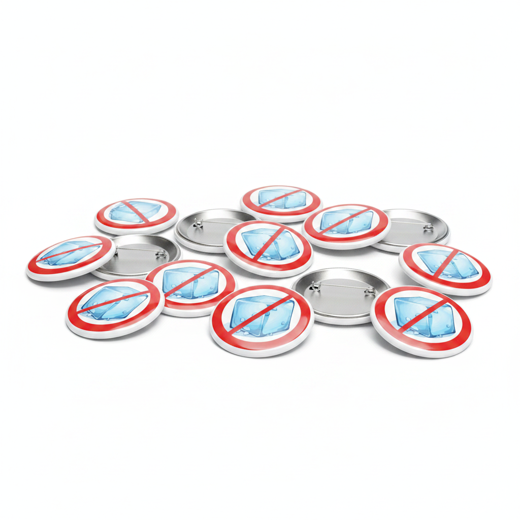 Small round silver badge pins with blue ice graphic and red no symbol, scattered
