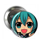 Hatsune Miku face enamel pin, round metal backing with teal hair anime character