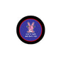 1.25-inch pinback button with purple rabbit graphic and text, black outer rim