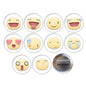 Set of round emoji face pinback buttons with smile, wink, hearts, and sad faces