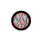 Round knit-themed pinback button with 'I Knit' lettering and knitted fabric design