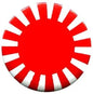 Round red pinback badge with white radial stripe design