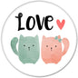 Cat pinback button with Love text, two hand-drawn cats and a small heart