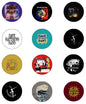 Set of 12 circular pinback buttons with colorful music-themed artwork and logos