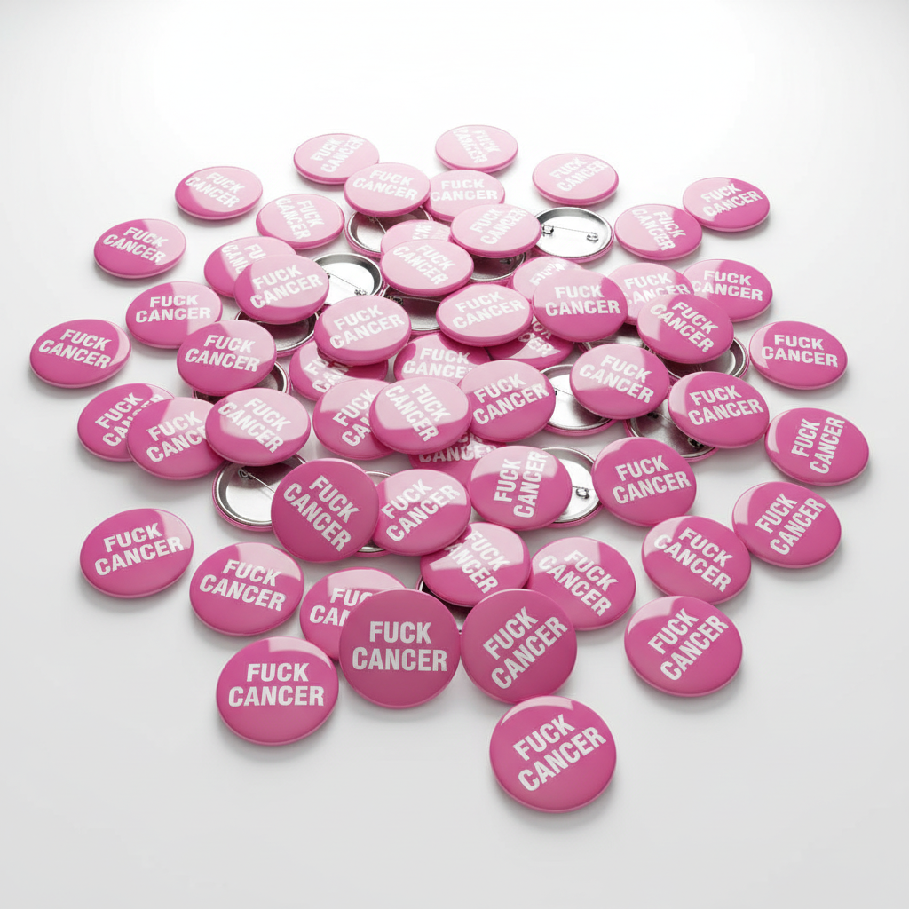 Assorted pink pinback buttons reading 'FUCK CANCER' with metal backs