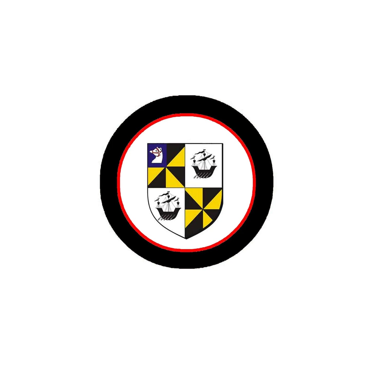 3-inch round coat of arms refrigerator magnet with black rim and multicolor shield design