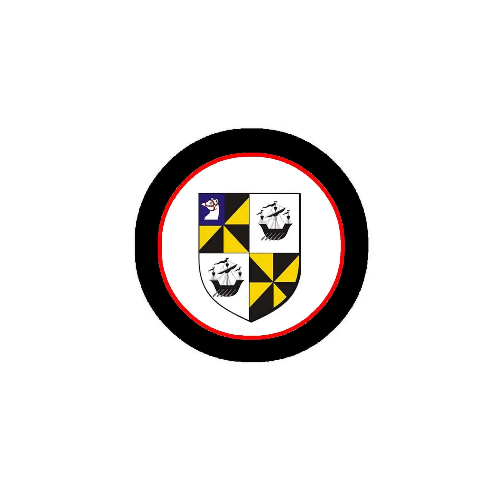 3-inch round coat of arms refrigerator magnet with black rim and multicolor shield design