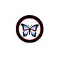 Trans pride butterfly pinback button with black border, colorful wings, round 2.25-inch