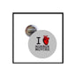 Round horror movies pinback button with red heart and "I ♥ HORROR MOVIES" text