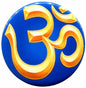 Blue pinback button with gold and orange Om symbol and infinity-style pattern