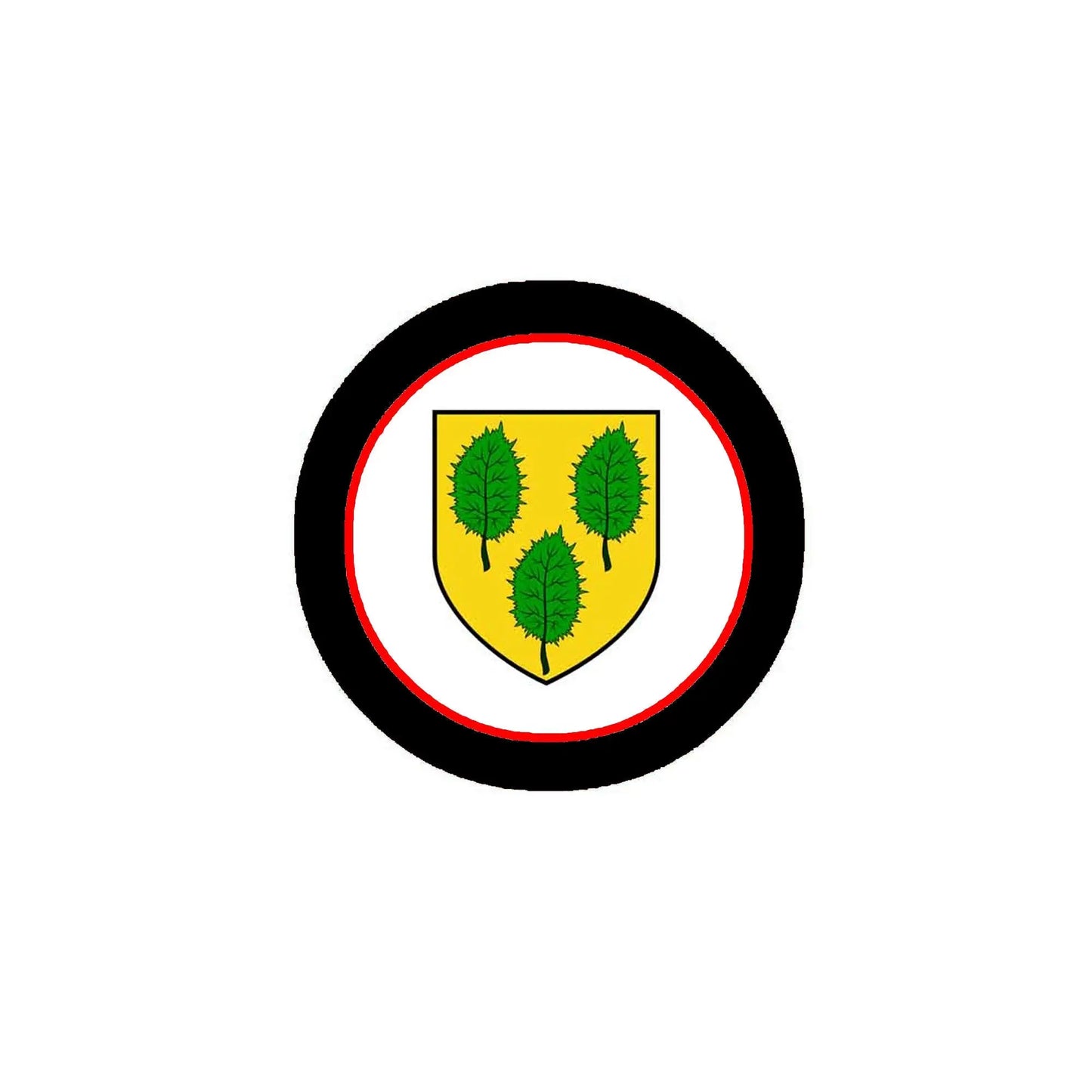 3-inch round coat-of-arms magnet: black and red ring, yellow shield with green trees.