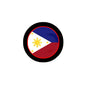 Round Philippines flag pinback button with black rim, blue red white triangle