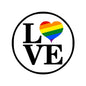 Round Love LGBT button pin with rainbow heart and bold LOVE letters