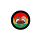 Juneteenth heart pinback button with red border, colorful background and June 19 text
