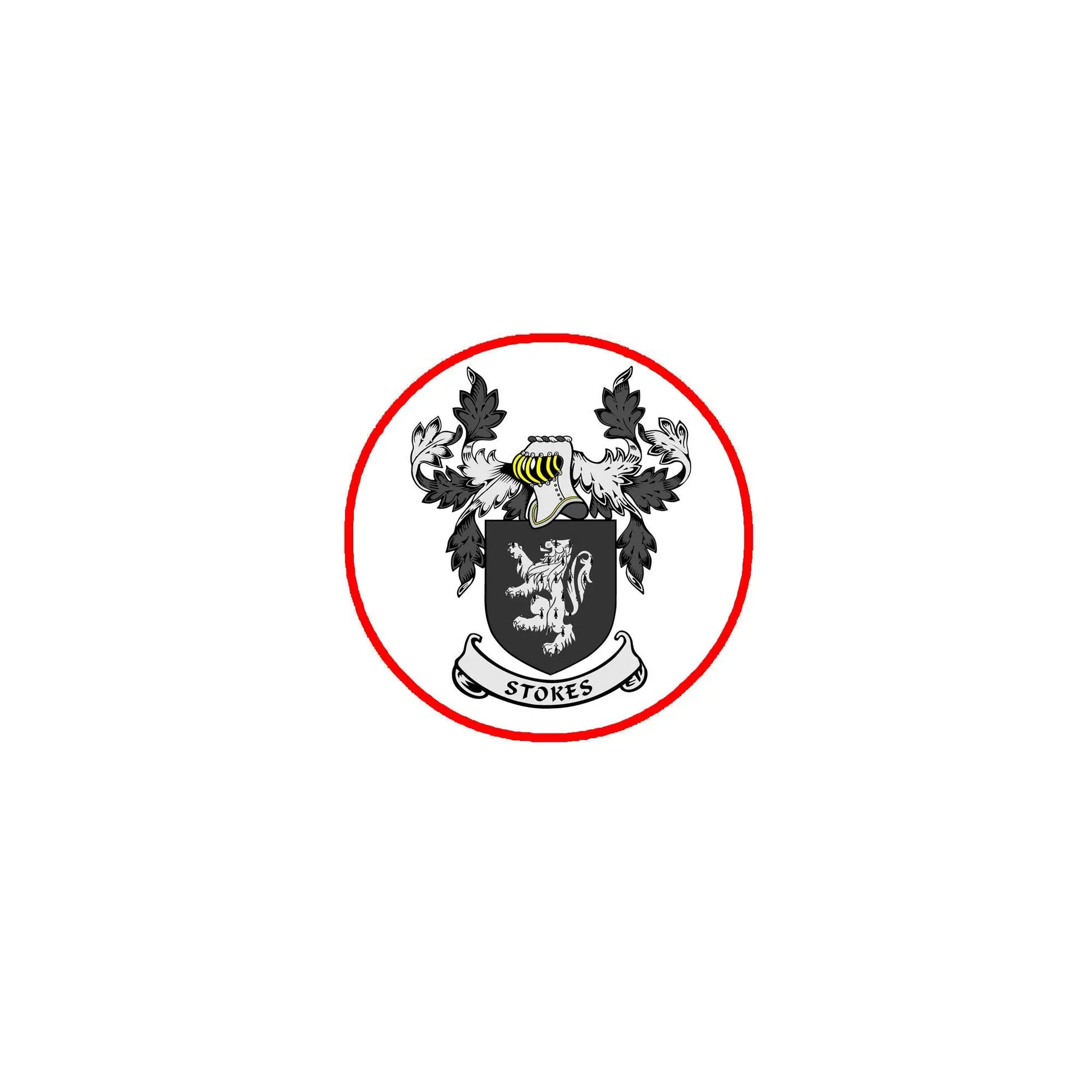 Round Stokes coat of arms pinback badge with red border and crest design
