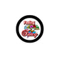 Feeling Fancy pinback button, black rim with colorful rose bouquet and script text