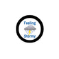 2.25-inch round pinback button, black rim; white face with blue “Feeling Stormy” and rainy cloud.